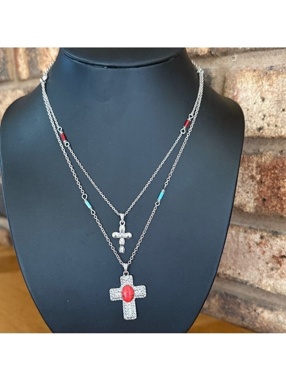 Southwestern double strand layered cross pendants convertible 3 in 1 necklace